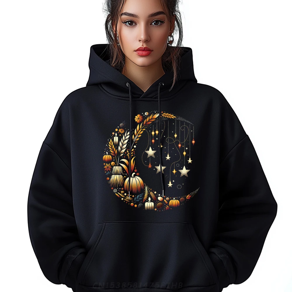 

Womens Fall Moon Pumpkins Stars Thanksgiving Harvest Doodles Oversized Hoodie Men Luxury Clothes Men