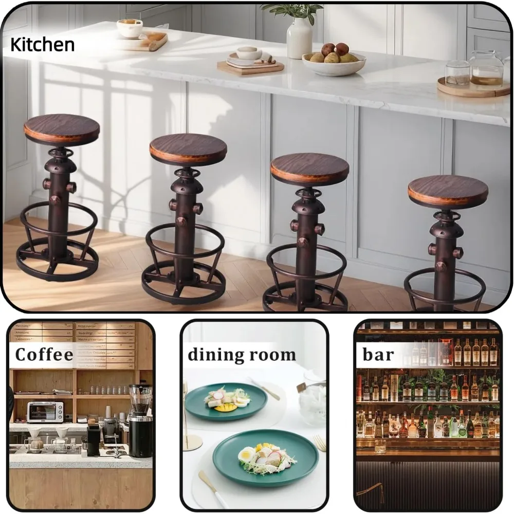 Taburete de bar giratorio industrial vintage de altura ajustable con diseño de boca de fuego para cocina y comedor, madera maciza, 24,8-30,7 Inc