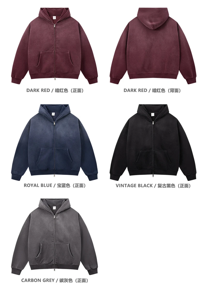 ZODF Retro Winter 400gsm Monkey Washed Fleece Zipper Hoodie Unisex Boxyfit Distressed High Street Hooded Jackets Outwears HY1330