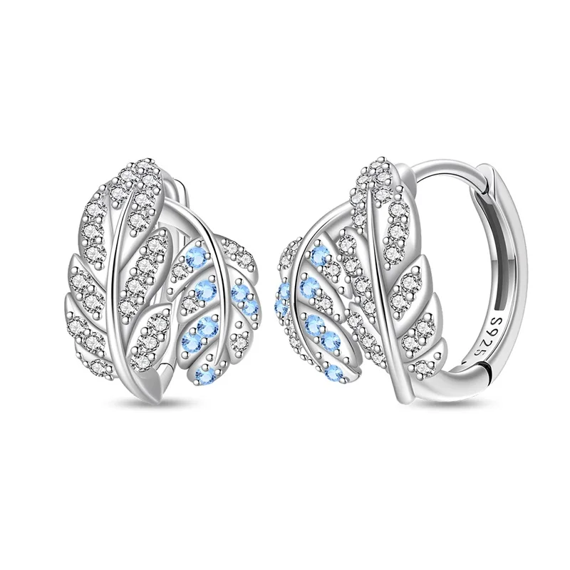 

925 Sterling Silver Exquisite Feather Hoop Earrings For Women Shining CZ Zircon Earrings Fine Anniversary Jewelry Gifts