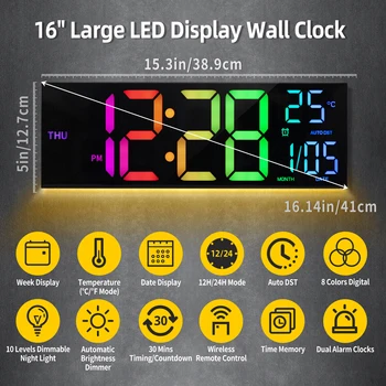 16" Large Digital Wall Clock, Big LED Display with Remote, 8 RGB Color, Alarm, DST, Temperature for Living Room, Kitchen 2