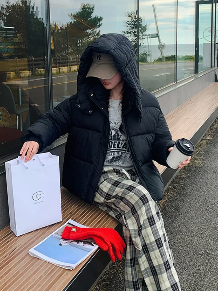 Women Hooded Parkas Coat Short Jacket Solid Long Sleeve Zipper Single Breasted Straight Fit Thick Casual Office Lady 2025 Winter