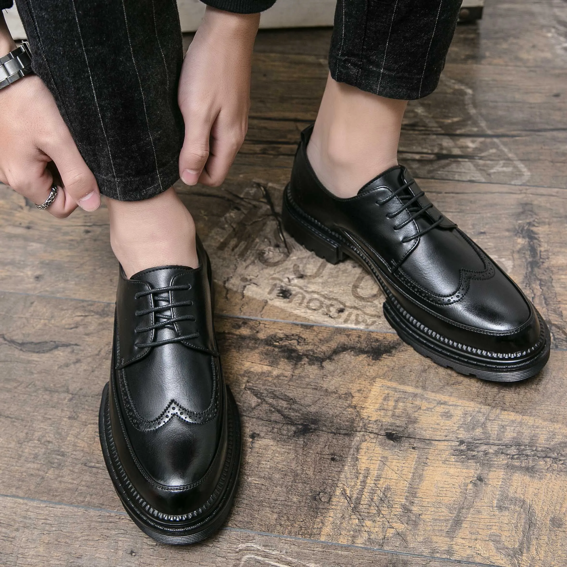 

New Brock engraved casual leather shoes for men genuine leather business formal wear British thick-soled height-increasing style