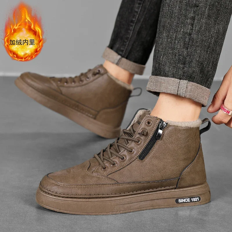 Botas masculinas de inverno sapatos de algodão quente de alta qualidade sapatos casuais de couro moda botas de tornozelo de pelúcia antiderrapante botas de negócios ao ar livre masculino