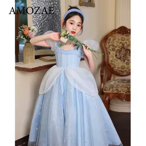 Elegant Princess Star Sequined Dress Girls Kids Evening Blue Ball Gowns Children Matching Clothes Birthday