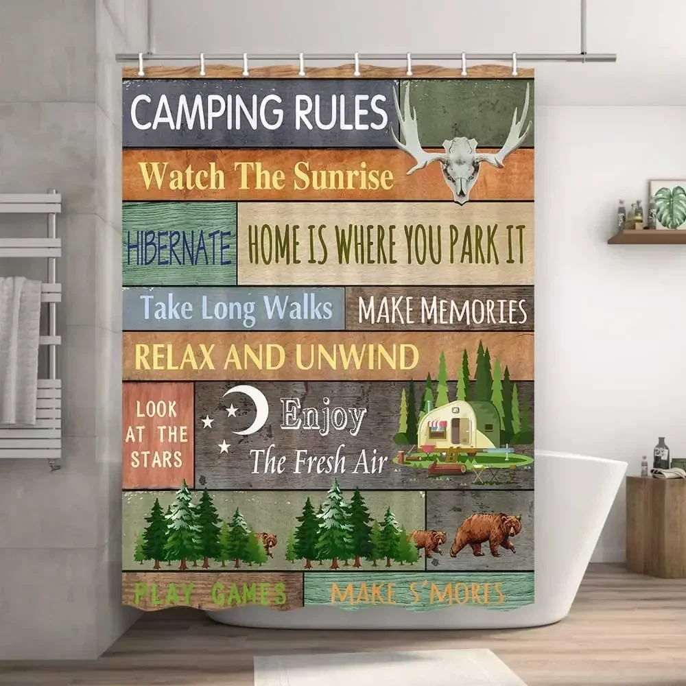 Inspirational Quotes Retro Library Medieval Bookshelf Family Camping Rules Motivational Positive Shower Curtain With Hooks