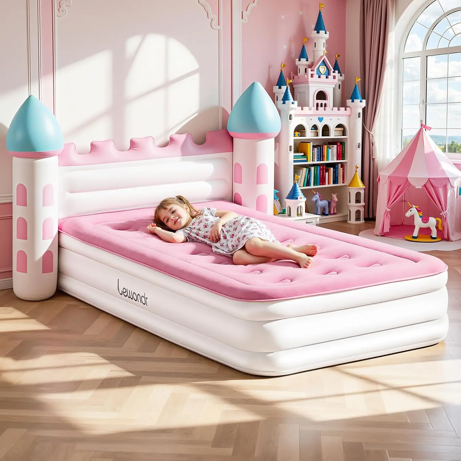 

Pink Castle Inflatable Kids Bed with Electric Air Pump, Portable Storage Bag for Home Camping Sleepovers