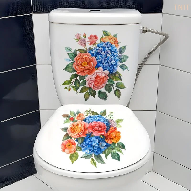 [J] Watercolor Rose And Hydrangea Floral Toilet Stickers Bathroom Realistic Floor Decal Waterproof Removable Bathtub Decor