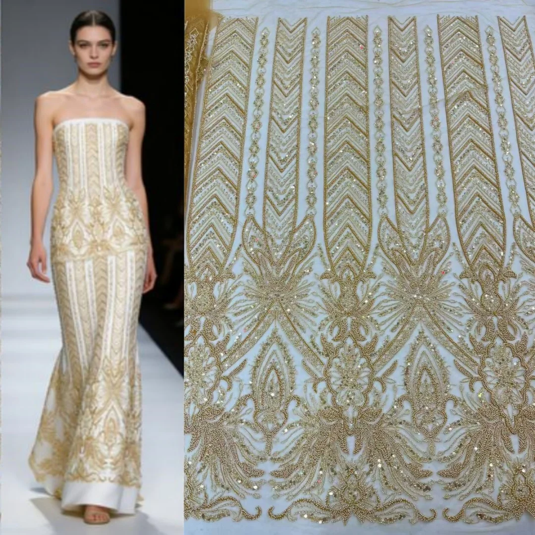 

Exquisite Tube Bead Embroidery & Popular Beads Embrdoiery Fabric French Net Tulle Lace, Luxury Wedding & Evening Gowns ,Dresses