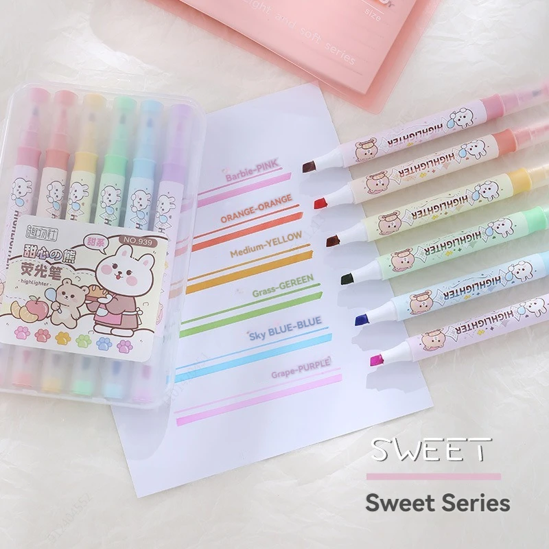 قلم تحديد Kawaii DoubleTips، ألوان متنوعة، مجموعة أقلام رسم مائية سريعة الجفاف مكونة من 6 قطع #4