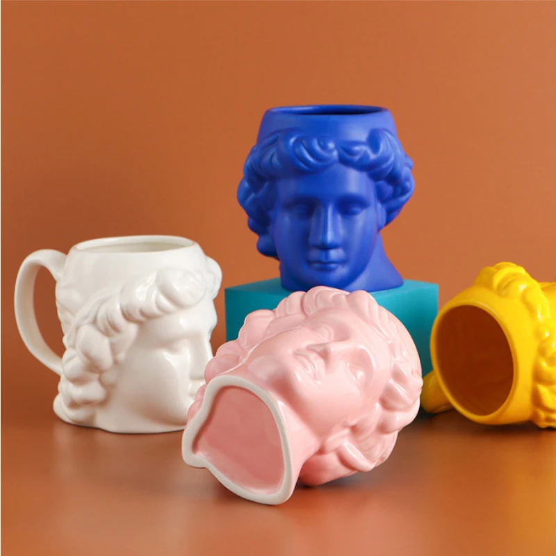 

Unique Colored Ceramic Mug Ancient Greece Apollo David Head Sculpture Coffee Cup Desktop Ornament Office Home Water Cup
