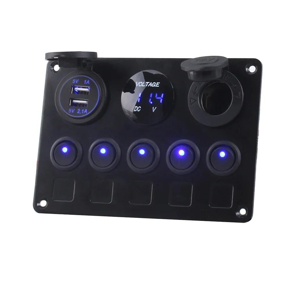 Boat Switch Panel Car Switch Panel Waterproof Digital Voltmeter Dual USB Port 12V Outlet Combination Marine LED Rocker 5 Gang