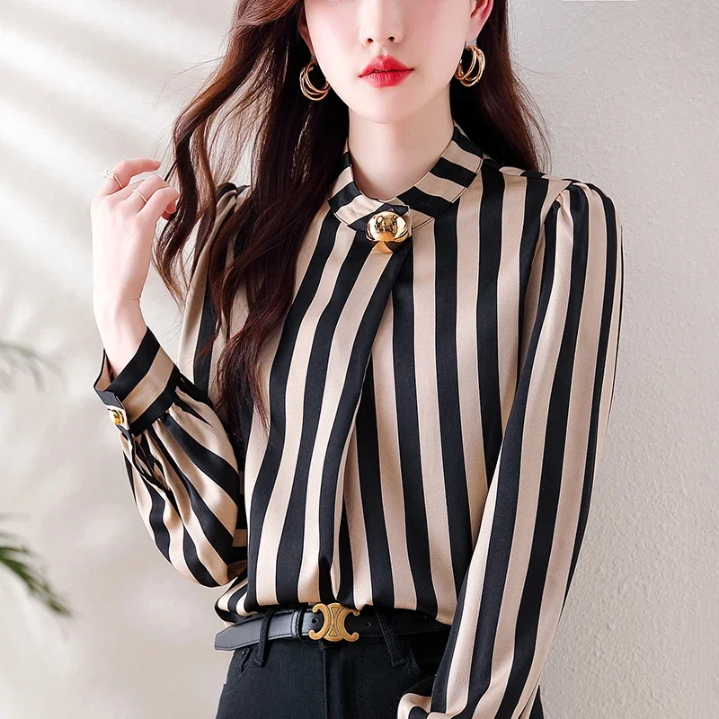 Chiffon Stripe Shirts for Women, Loose Vintage Blouses, O-Neck Clothing, Long Sleeves, Spring and Summer Fashion