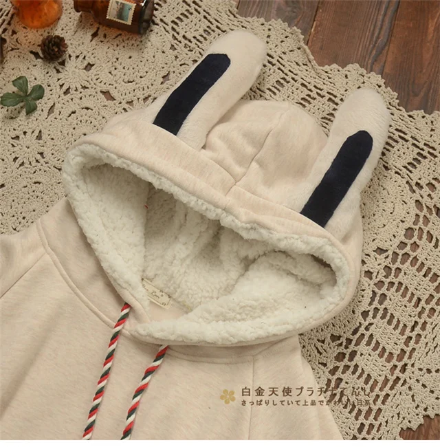 Japanese Sweet Mori Girl Kawaii Rabbit Print Thicken Velvet Cloak Jacket Women Winter Long Sleeve Bunny Ears Hooded Cloak Coats