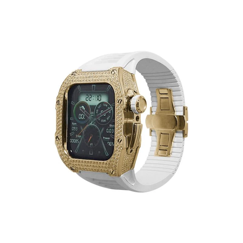 Boîtier de montre de luxe en acier inoxydable, avec bracelet en caoutchouc fluoré, pour Apple Watch, avec zircons pour la série iWatch