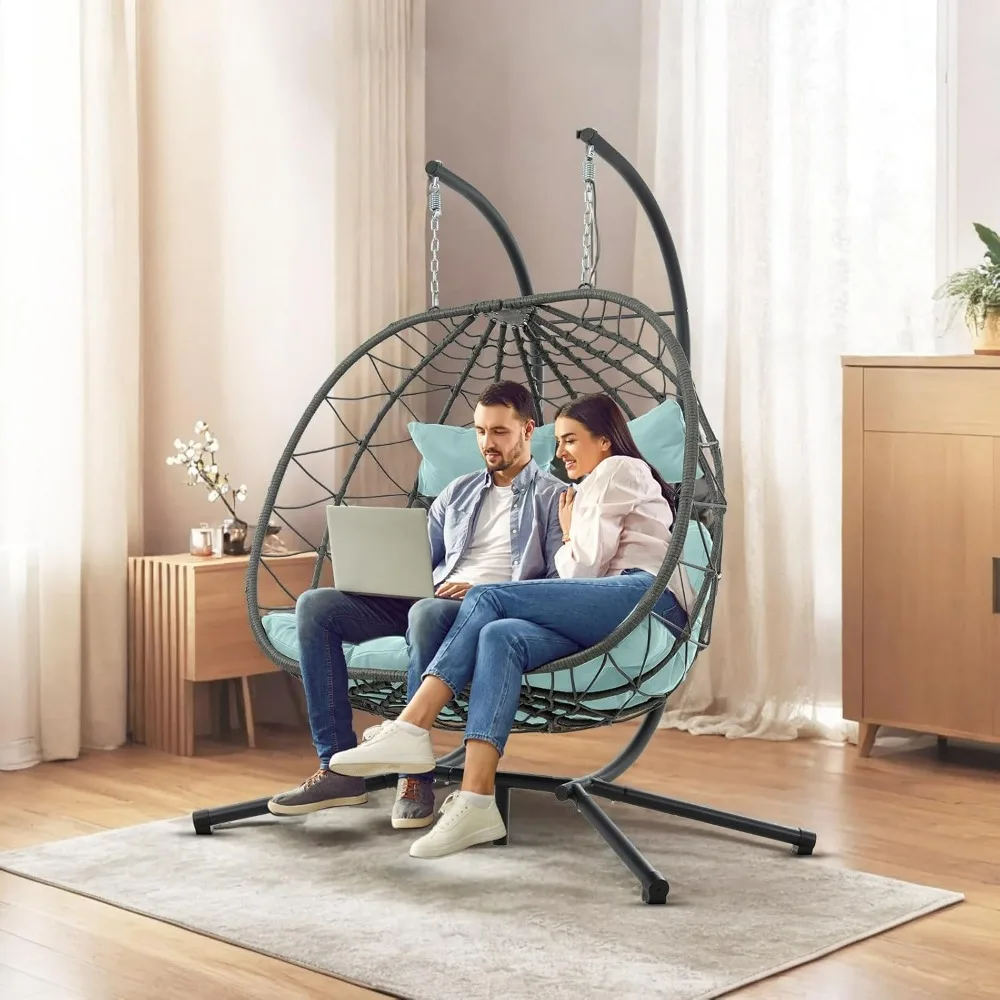 

Double Egg Swing Chair with Stand Indoor Outdoor, Hammock Swing Chair Foldable Hanging Chairs, Patio Wicker Hanging Egg Chairs