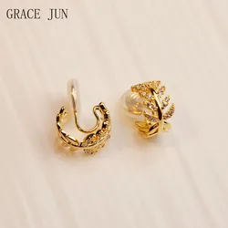 GRACE JUN New Arriva C Shape Cubic Zirconia Clip on Earrings Leaf Style Non-Pierced Earrings for Women Girls Charm Ear Clip