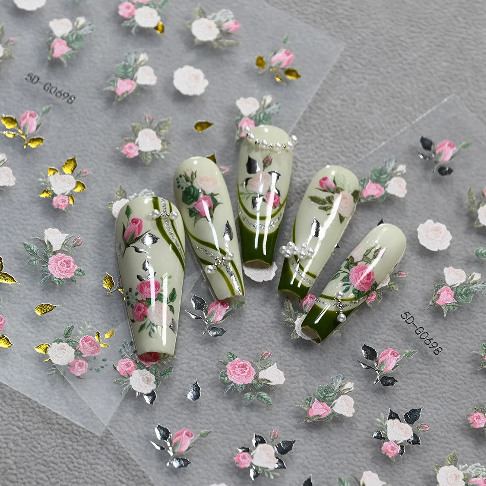 5D Elegant Pink Blooming Peony Flower Nail Stickers Romantic Multi-Petal Floral Flower Nail Decal Spring Summer Peony Nail Decor