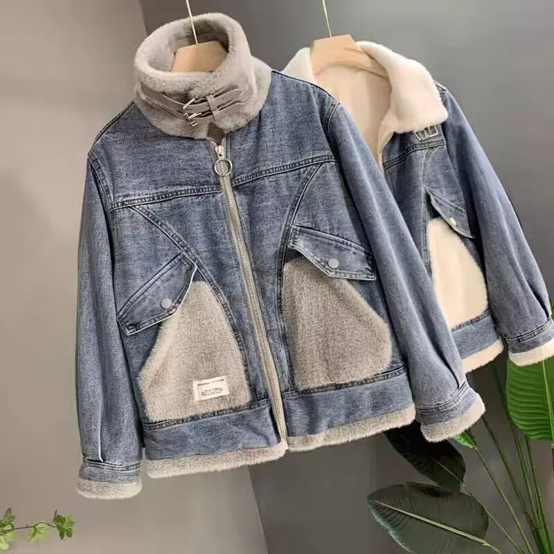 Vintage Denim Jacket Woman Winter Coat Fleece Lining Outerwear New 2023 Windbreaker Basic Coats Boyfriend Female Jeans Jacket