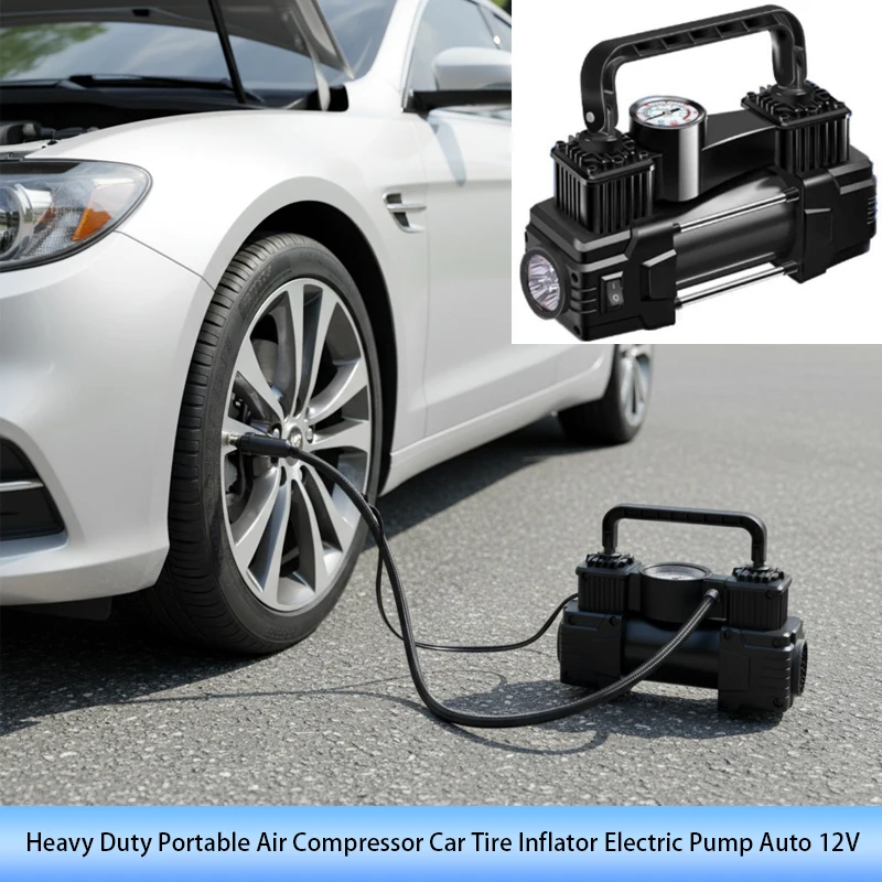 

Электрический воздушный насос, двухцилиндровый портативный металлический сверхмощный портативный воздушный компрессор, автомобильный насос для накачивания шин, электрический насос, авто 12 В
