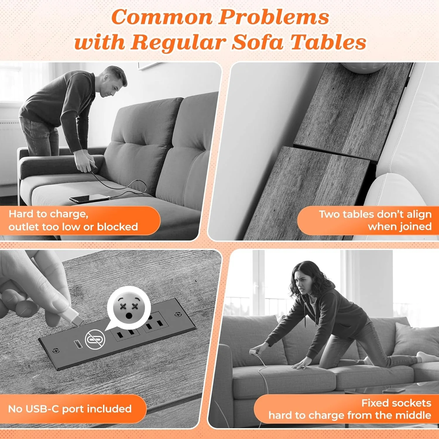 طاولة أريكة مقاس 79 بوصة مع مخرجين طاقة ومنفذ USB-C، وطاولة وحدة تحكم ضيقة مقاس 5.9 بوصة مع مساحة تخزين، بني ريفي #4