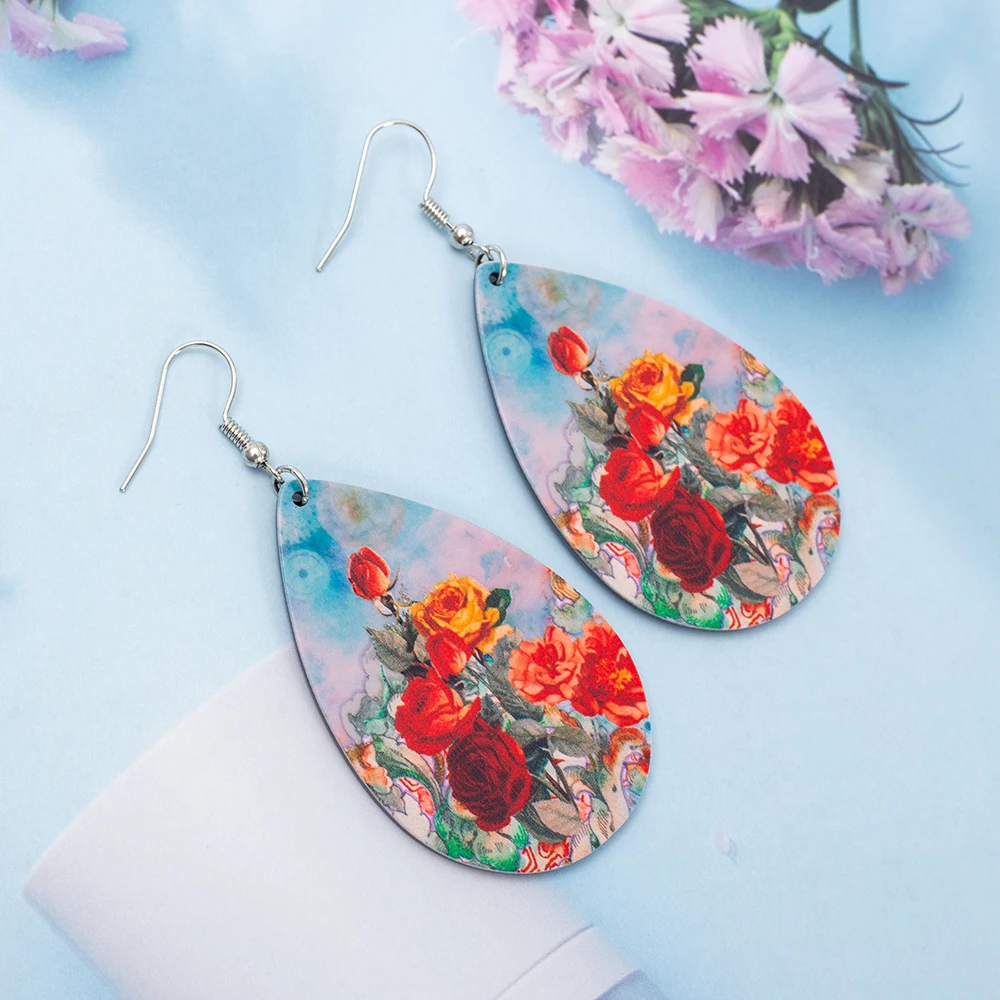 Fashion Water Drop Relievo Printing Rose Flower Acrylic Women\'s Earrings Trend 2025 Retro Style Aesthetic Elegant Girls Jewelry