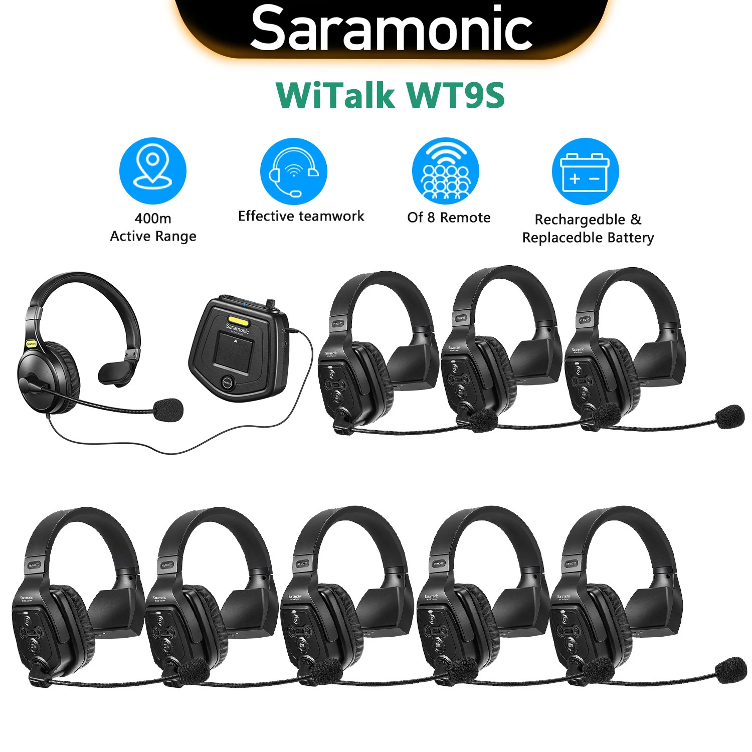 

Saramonic Witalk WT9S Full Duplex Wireless Intercom Headset Microphone System Marine Boat Coaches Teamwork Communication Headset