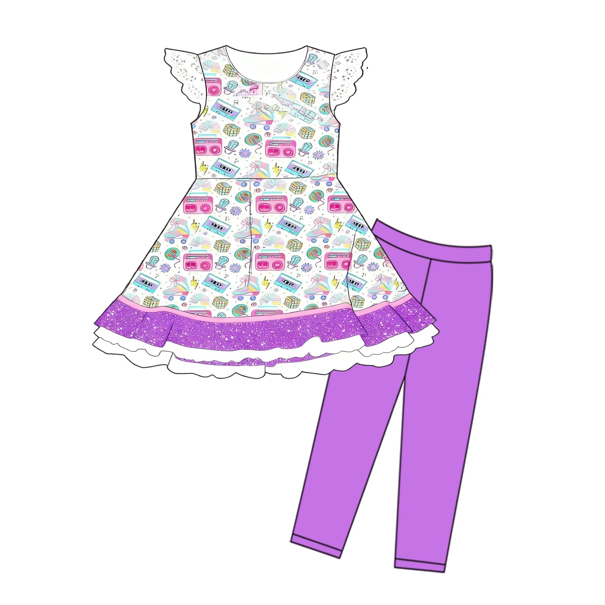 

Tot round neck short-sleeved dress with sparkly lace trim at the hem paired with trousers girls' suit Milk silk custom wholesale