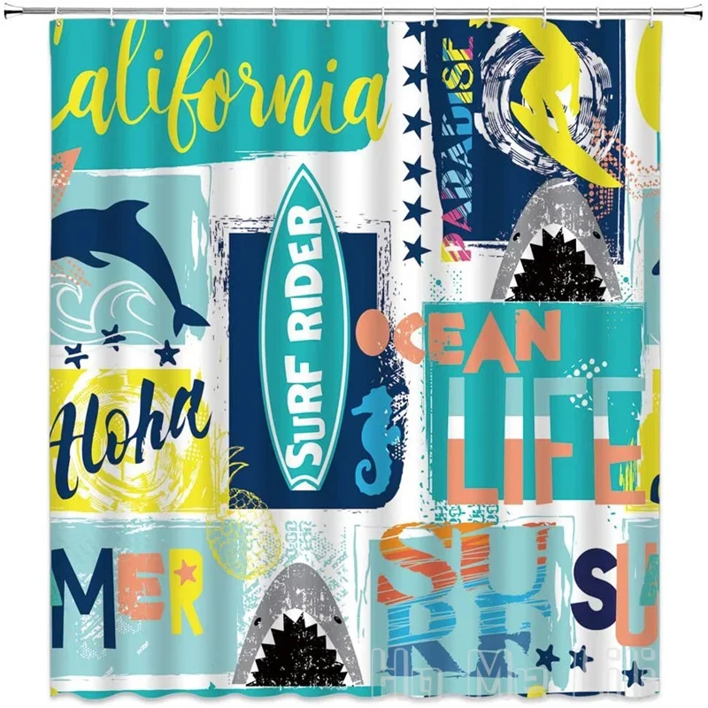 Summer Shower Curtain Tiki Bar Beach Palm Tree Surfboard Dinosaur California Ocean Shark Dolphin Hippie Bathroom Decor