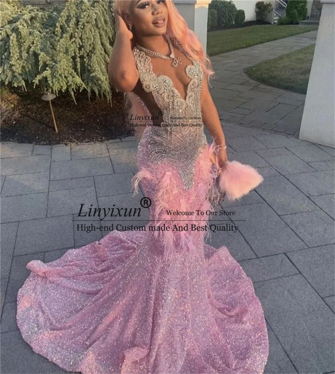 Rozenveren Strass Pailletten Zwart Meisje Galajurken Zeemeermin Elegante Jurk Voor Bruiloft Doorzichtig CustomizSexy Afrikaans