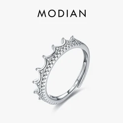 MODIAN 925 Sterling Silver Clear CZ Trendy Crown Open Size Adjustable Finger Ring For Women Wedding Statement Fine Jewelry Gifts