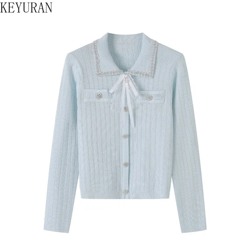 

2025 New Autumn Knit Pullover Sweater Jacket for Women Elegant Versatile Solid Button Lapel Bowknot Beading Knitwear Tops Jumper