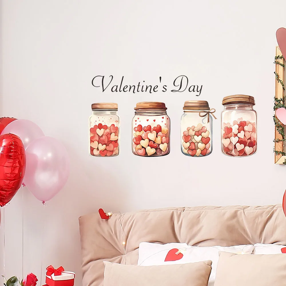 Calcomanía de Pared con Frascos de Corazones para el Día de San Valentín, Frase Romántica con Frascos de Vidrio Llenos de Corazones, Decoración Removible para el Hogar