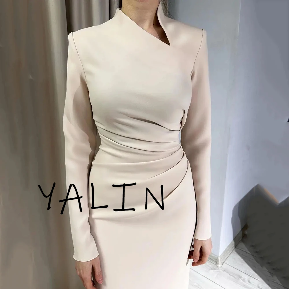 Customized Fashion High Quality Evening Dress White High Neckline Pleat Formal Dresses Ankle Length Long Sleeves Prom Gowns