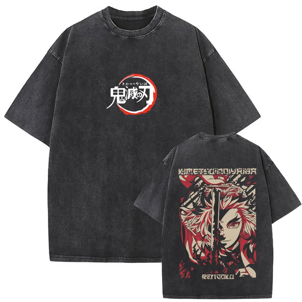 

Washed Vintage Anime Demon Slayer Rengoku Kyoujurou Double Sided Print T-shirts Men Women Casual Oversized Short Sleeve T Shirts
