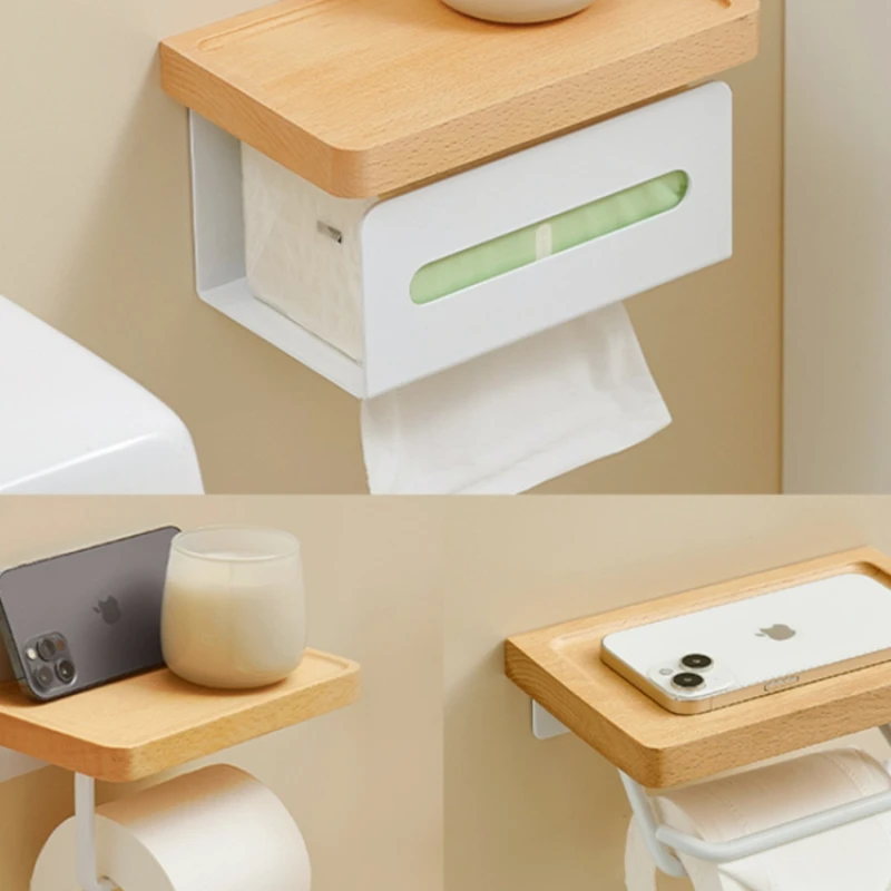 

1pc Solid Wood Tissue Holder Metal Hook Tissue Storage Rack Punching Installation Wall Mounted Paper Drawer Bathroom Accessories