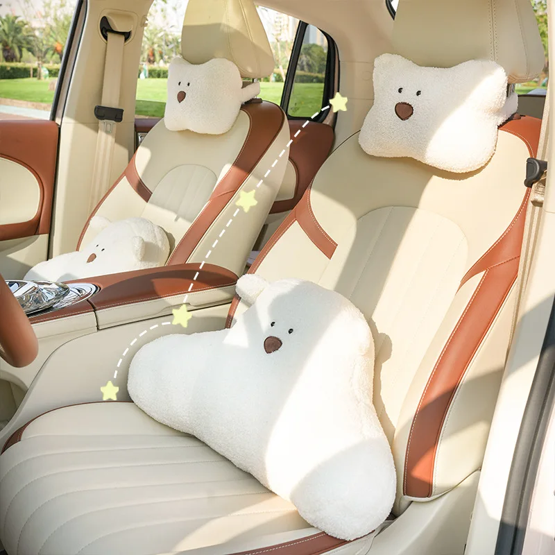 

Comfortable Soft Pink Plush Car Headrest Lumbar Support Cartoon Bowknot Car Waist Neck Pillow Car Interior Decoration For Winter