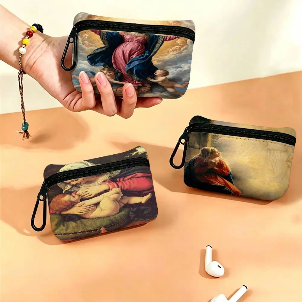 Vintage Virgin Mary Oxford Fabric Zipper Pouch Lightweight Hanging Coin Wallet For Coins ID Cards Keys Lipstick Earbuds