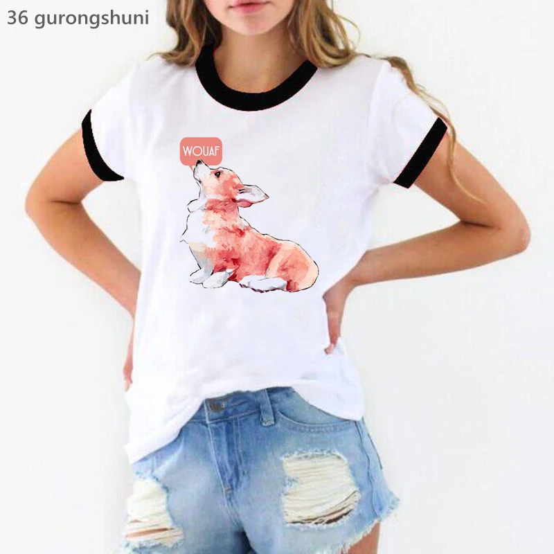 Corgi Crown Graphic Print Tshirt Women Clothes 2025 Funny White T Shirt Femme Dog Lover T-Shirt Female Harajuku Shirt Wholesale