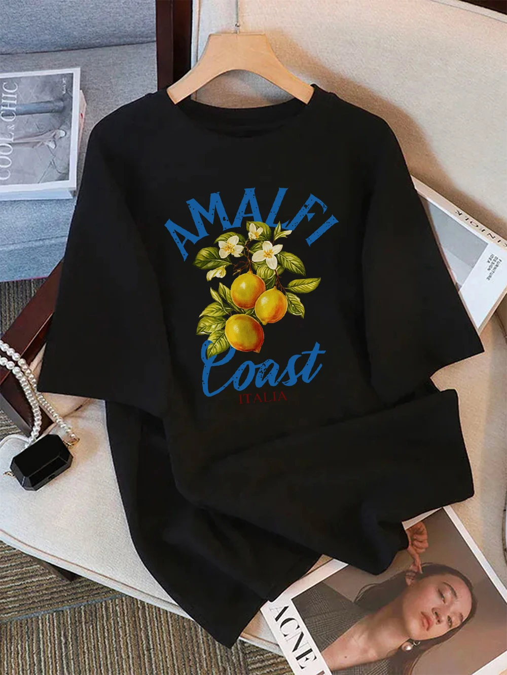 Summer T-Shirts Women Cotton Amalfi Coast Lemon & Fruit Printing Tops Loose O-Neck Soft Comfortable T Shirt Casual Woman Clothes