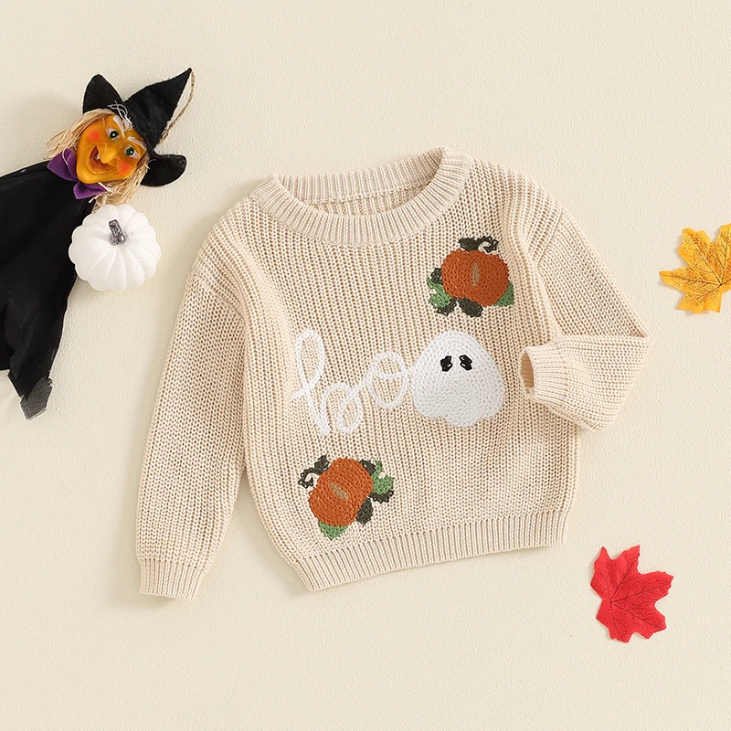 Toddler Boys Girls Halloween Sweaters Witch Pumpkin Letter Ghost Long Sleeve Round Neck Ribbed Knitted Pullover