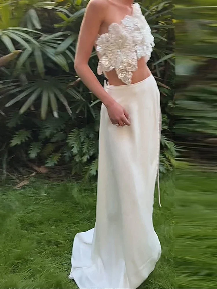 เซ็กซี่ 3D ดอกไม้ชุดกระโปรงผู้หญิง Slim Sequin Lace Up Crop Tops สูงแยกกระโปรงยาว 2025 ฤดูร้อน Lady วันหยุดชุด