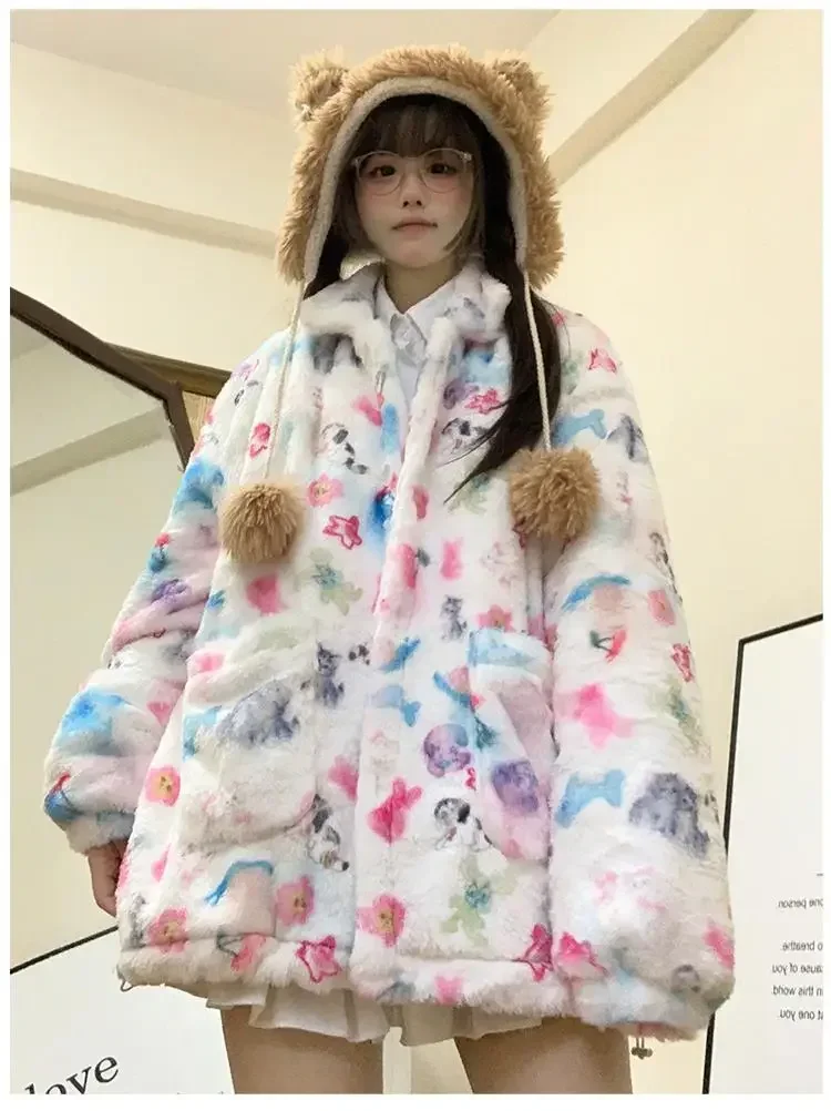 Winter Furry Parkas Women Dog Cartoon Printed Loose Casual Korean Outerwear Coats Female Thick Warm Pocket Lolita Kawaii Jackets