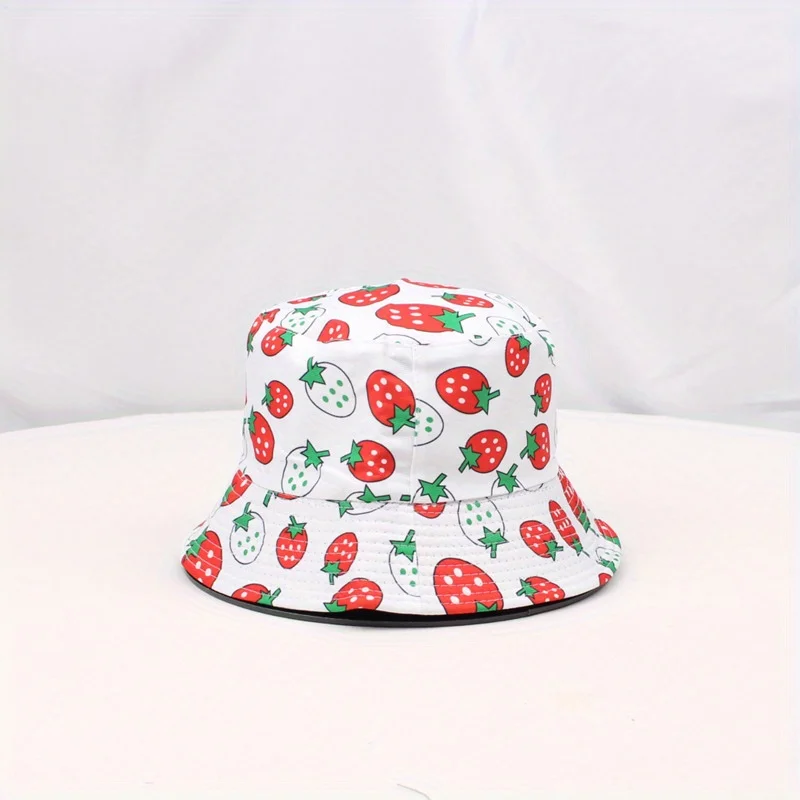 Cartoon Strawberry Print Sunshade Bucket Hats Fruit Big Brim Panama Foldable Outdoor Sports Cycling Travel Beach Fisherman Hat