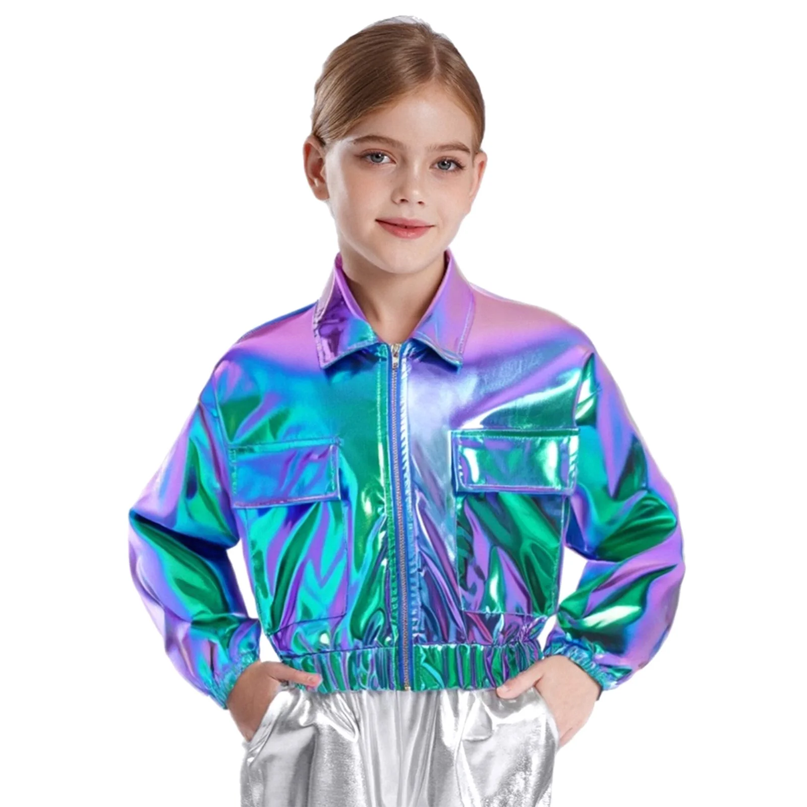 Fashion Children's Metallic Hip-Hop Coats Jazz Dance Costume Kids Boys Girls Shiny Jacket Long Sleeve Outerwear Stage Dancewear