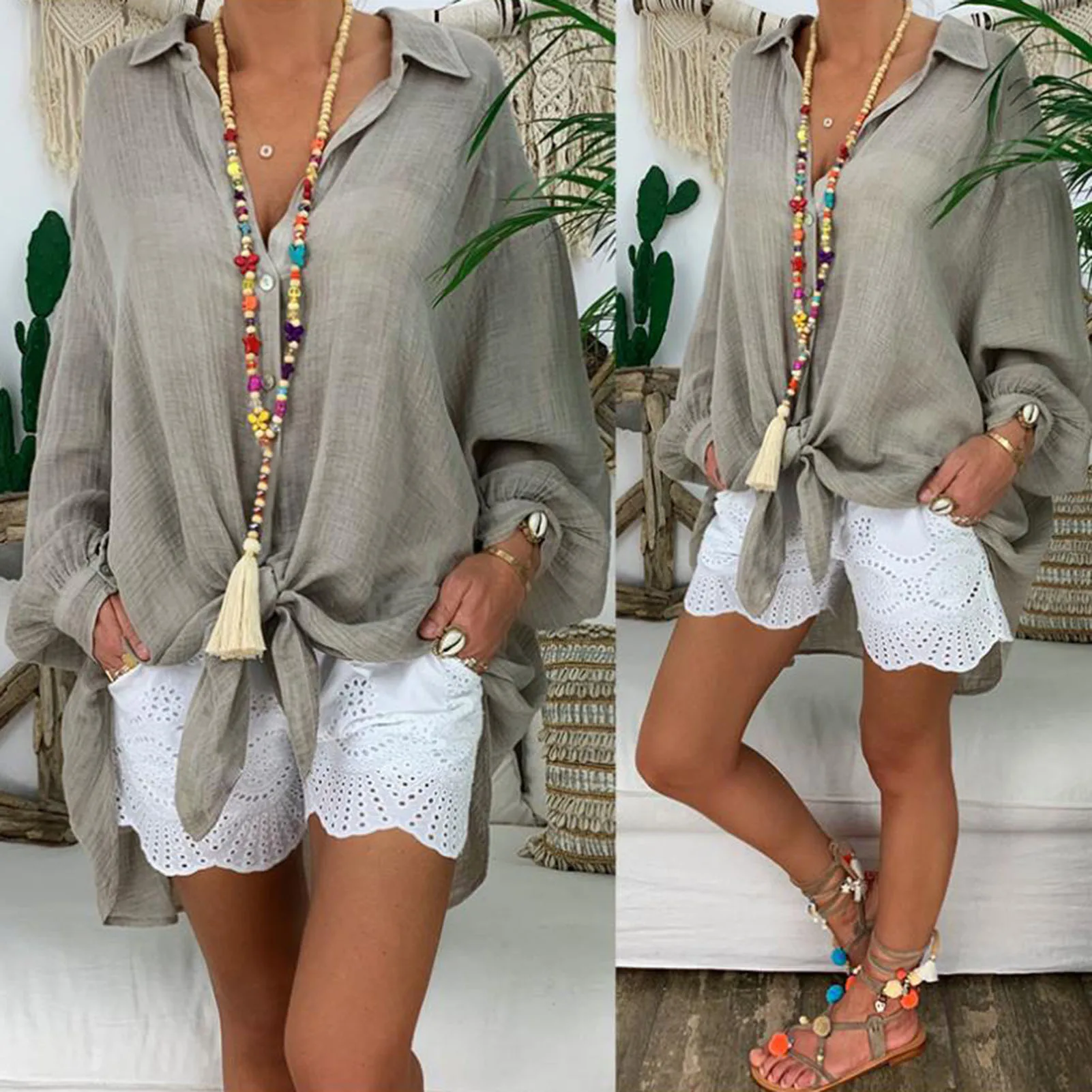 長袖リネンシャツ白ボタンダウンシャツルーズカジュアルコットンブラウスレディーストップスブラウスシャツ Tシャツ