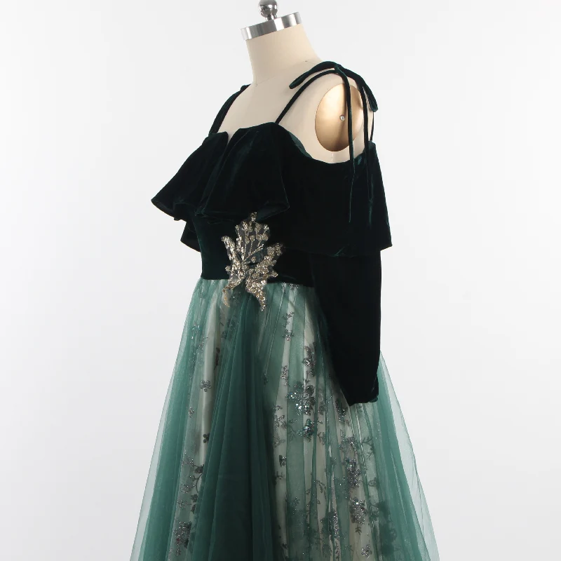 Robe de soirée en velours vert, épaules dénudées, Tulle, manches longues, ligne a, longueur au sol, paillettes, pour femmes, modèle 2022, R1261