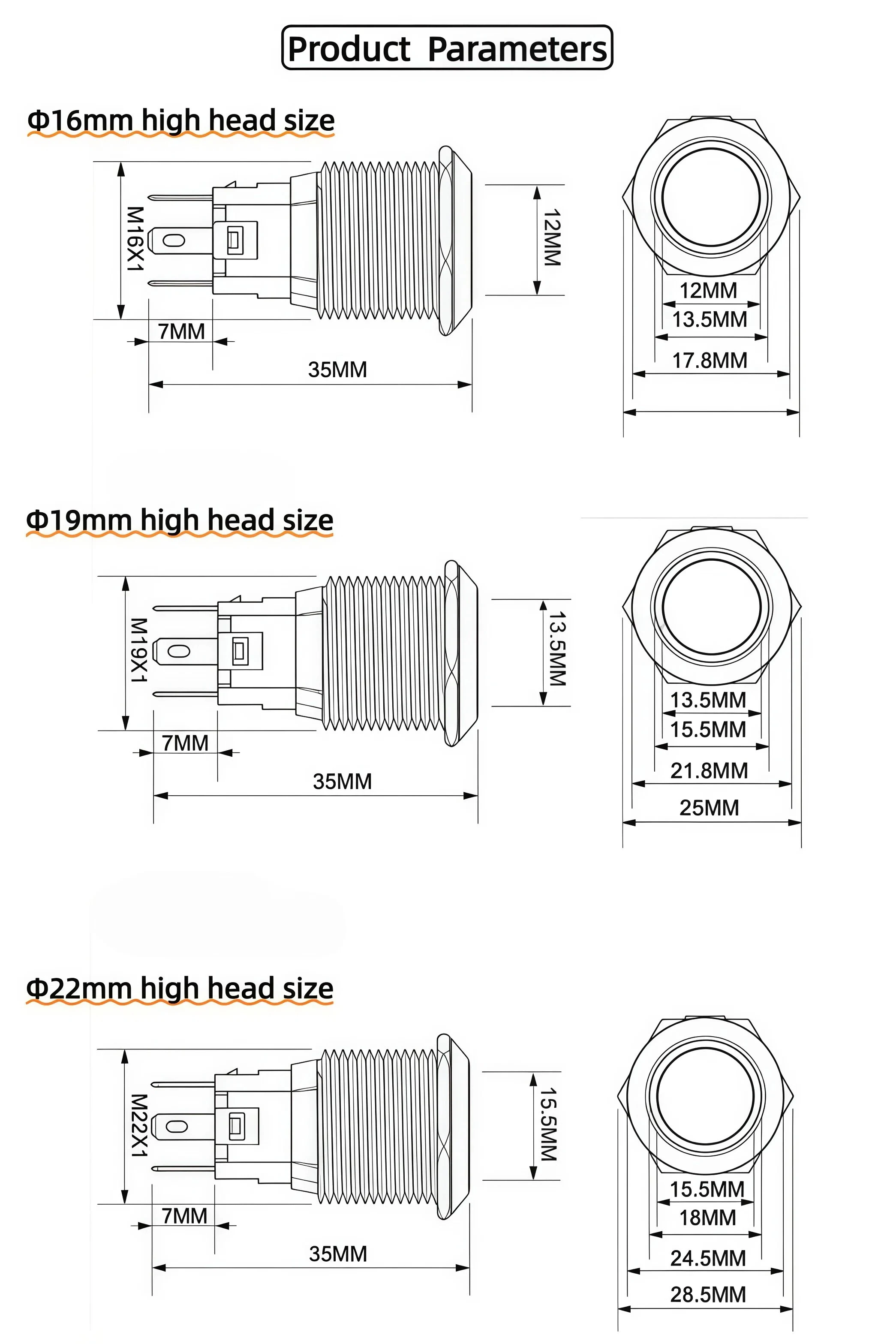 مفتاح زر ضغط معدني 16/19/22 مم، رأس عالي، قفل/إعادة ضبط ذاتي، مقاوم للماء، مضاء، 5 فولت/24 فولت/220 فولت