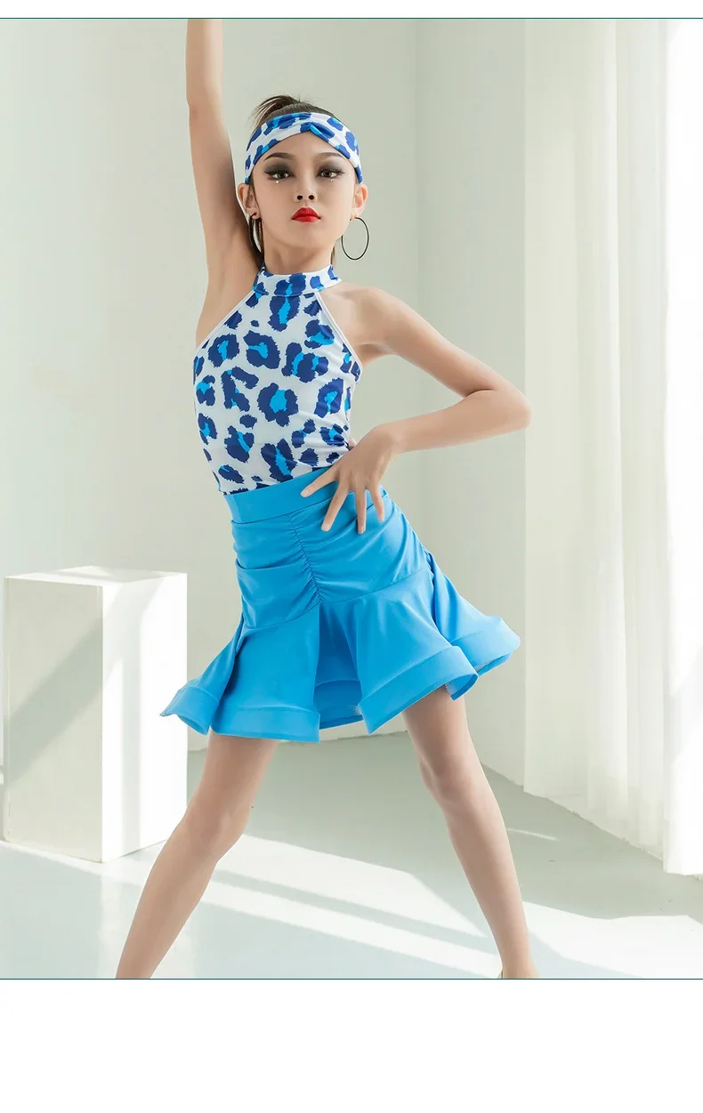 Trajes de dança latina com estampa de leopardo azul infantil, retalhos sexy, cha cha tango, estilo clássico, 1 conjunto por lote