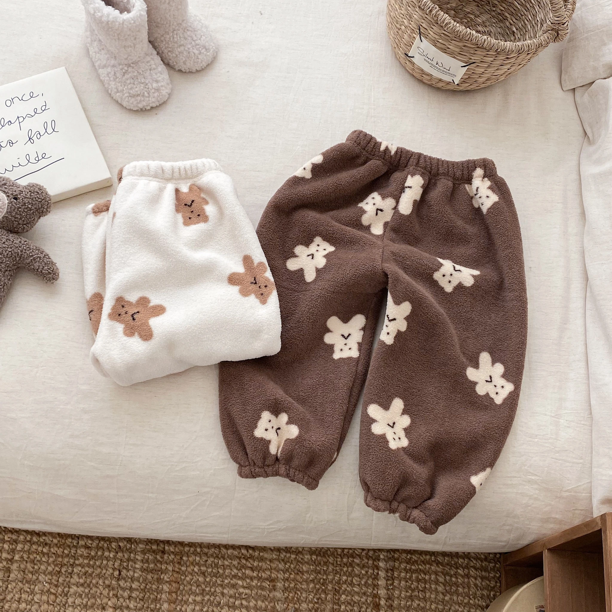 Toddler Thick Plush Fleece Home Pants Kids Elastic Loose Thermal Sleep Trousers Full Print Mini Cartoon Bear Clothing Kid Pants